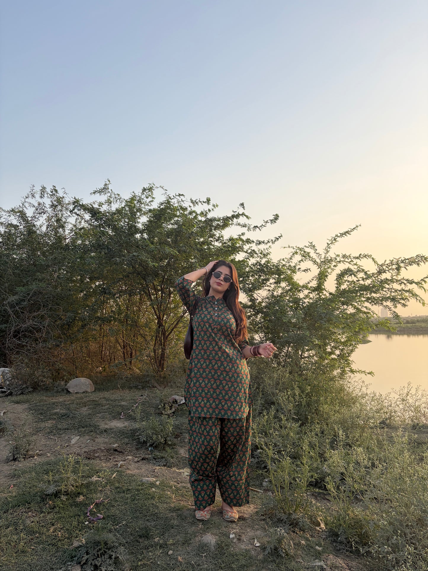 Linevora Green 100% Pure Cotton Printed Short Kurti with Farshi Salwar Set