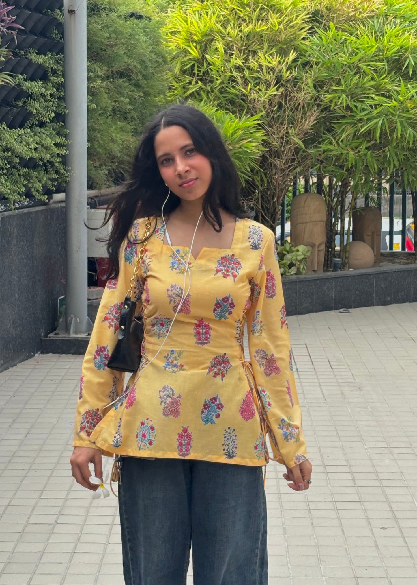 Golden Bloom Mul cotton Printed Side-Corset Short Kurti