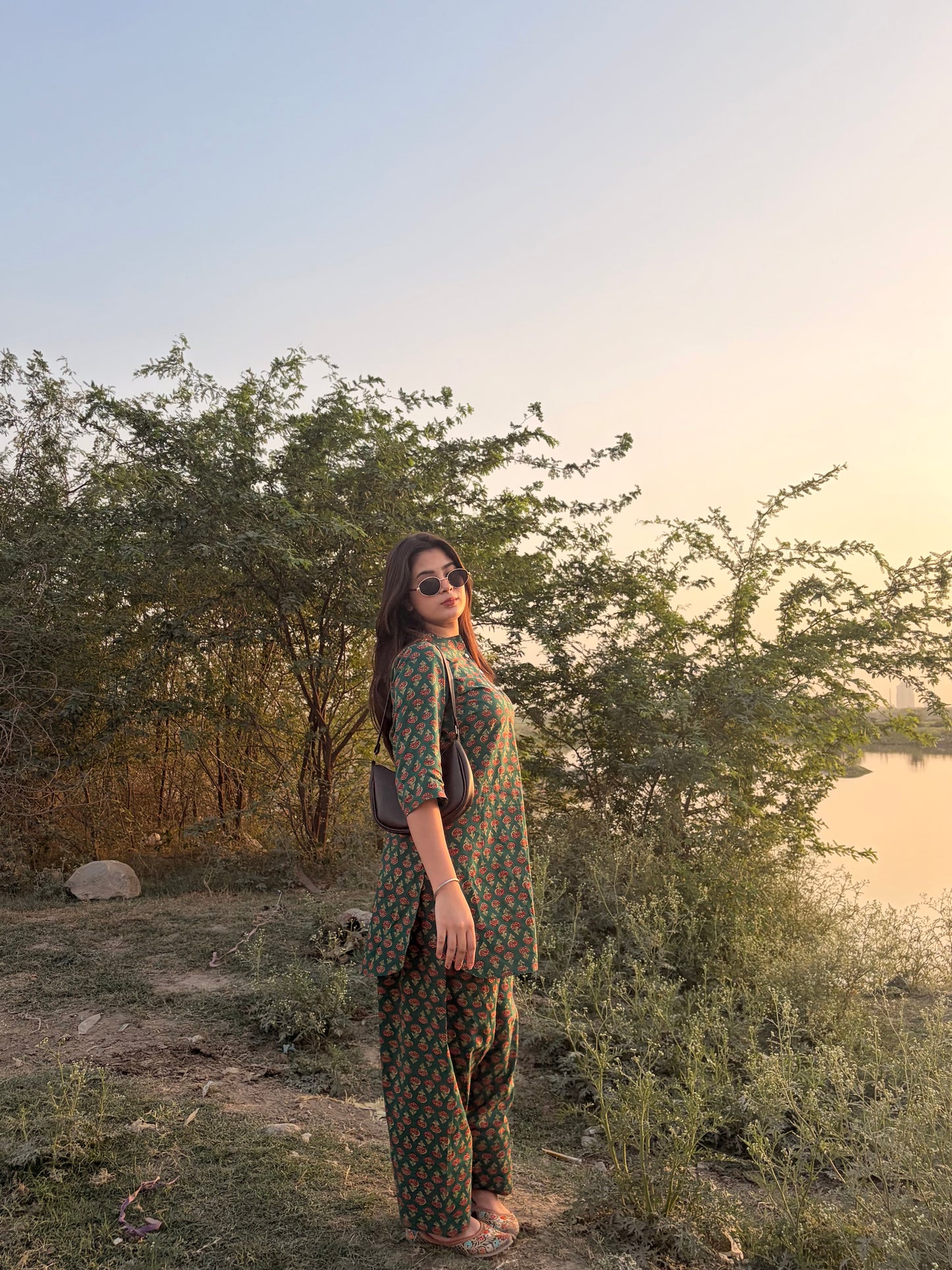 Linevora Green 100% Pure Cotton Printed Short Kurti with Farshi Salwar Set