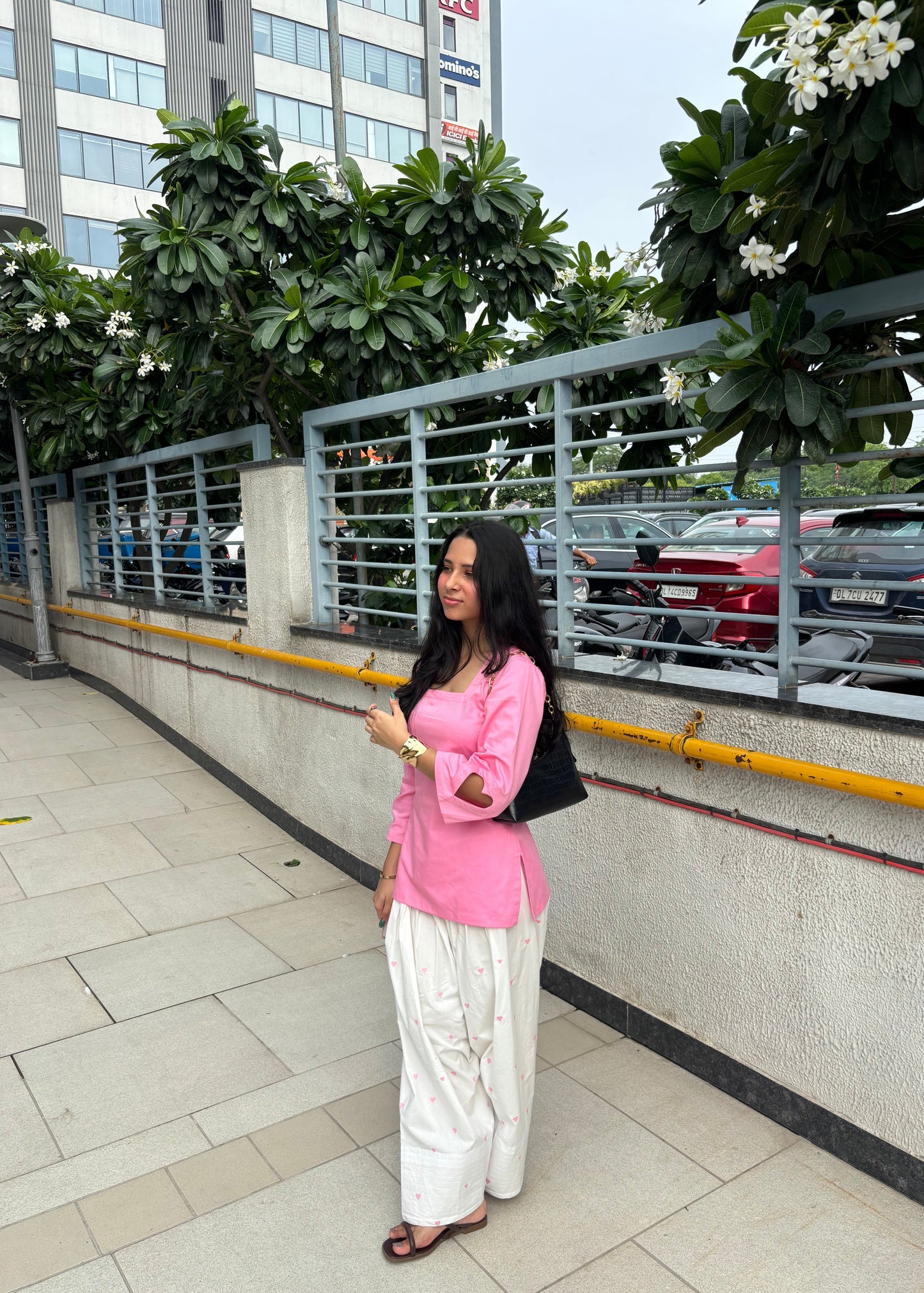 Pink Cotton Kurti & White Heart Embroidered Farshi Salwar Set