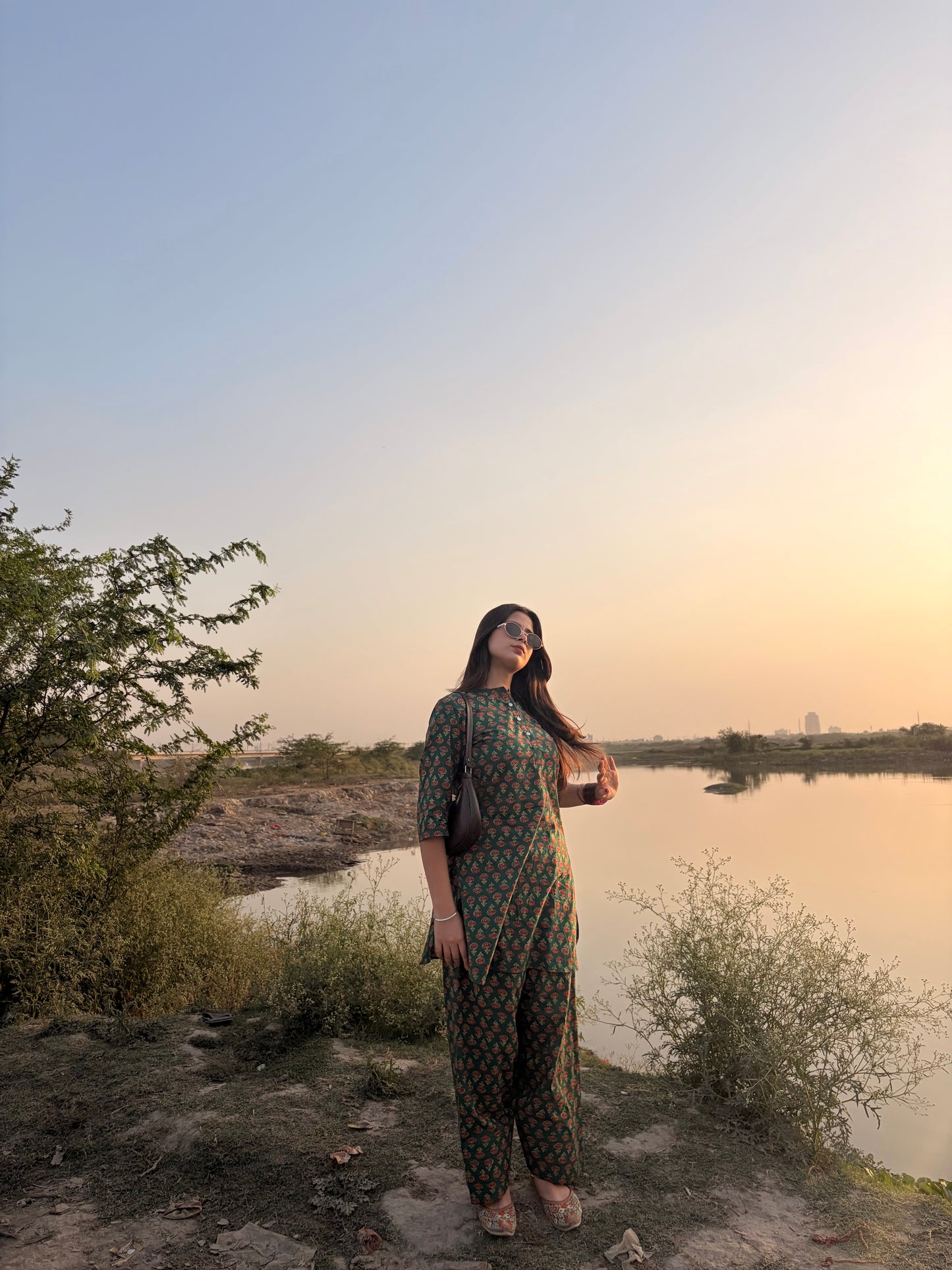 Linevora Green 100% Pure Cotton Printed Short Kurti with Farshi Salwar Set
