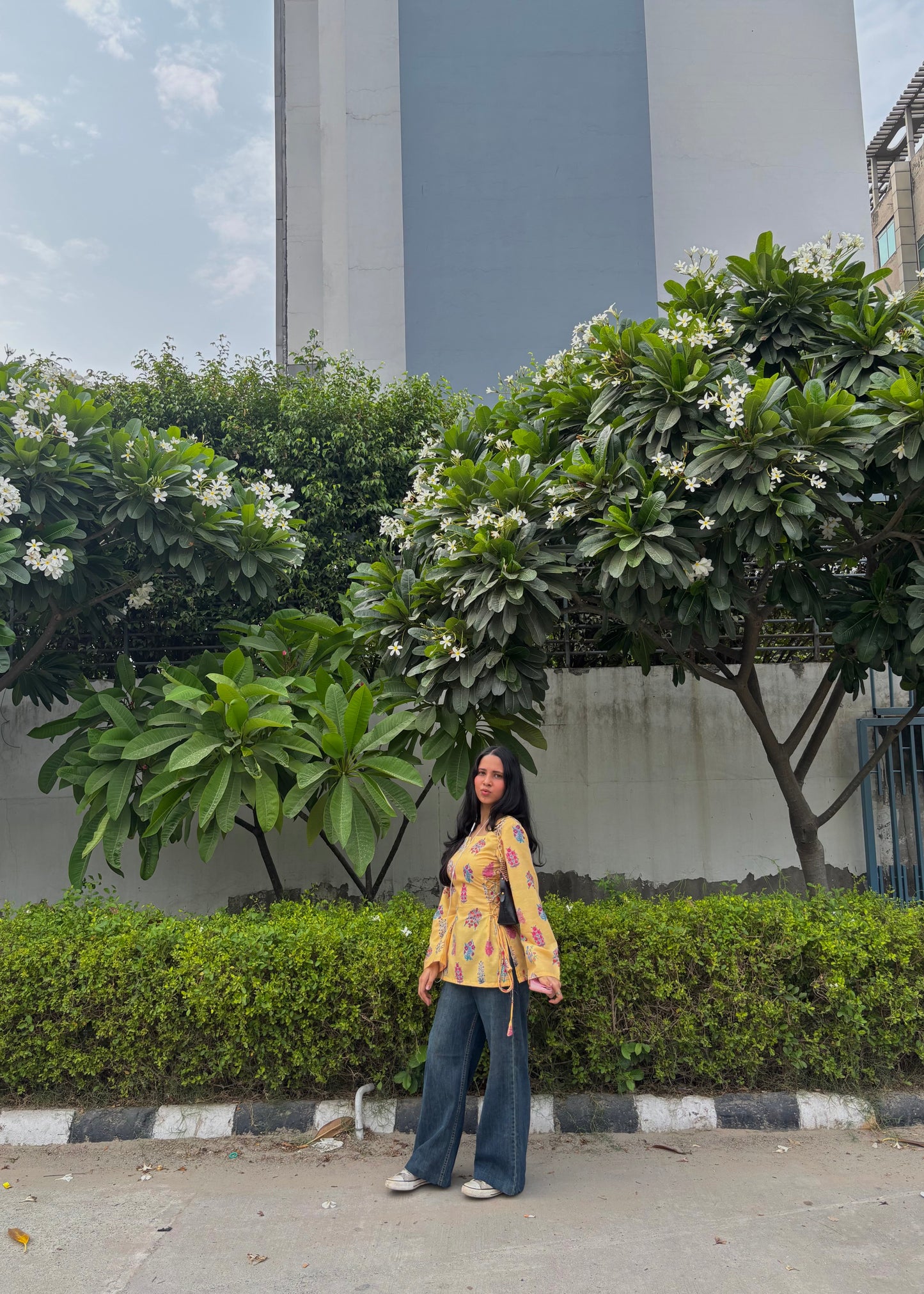 Golden Bloom Mul cotton Printed Side-Corset Short Kurti