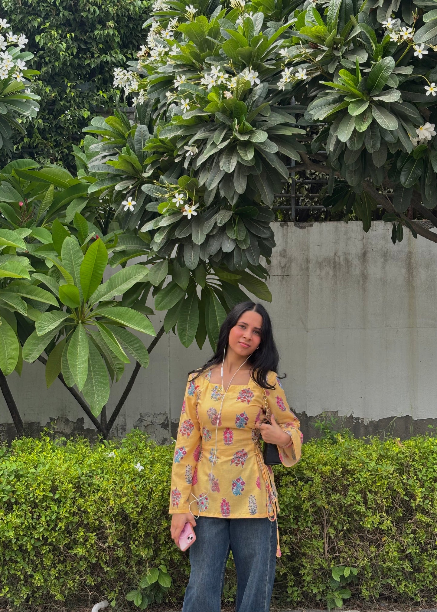 Golden Bloom Mul cotton Printed Side-Corset Short Kurti