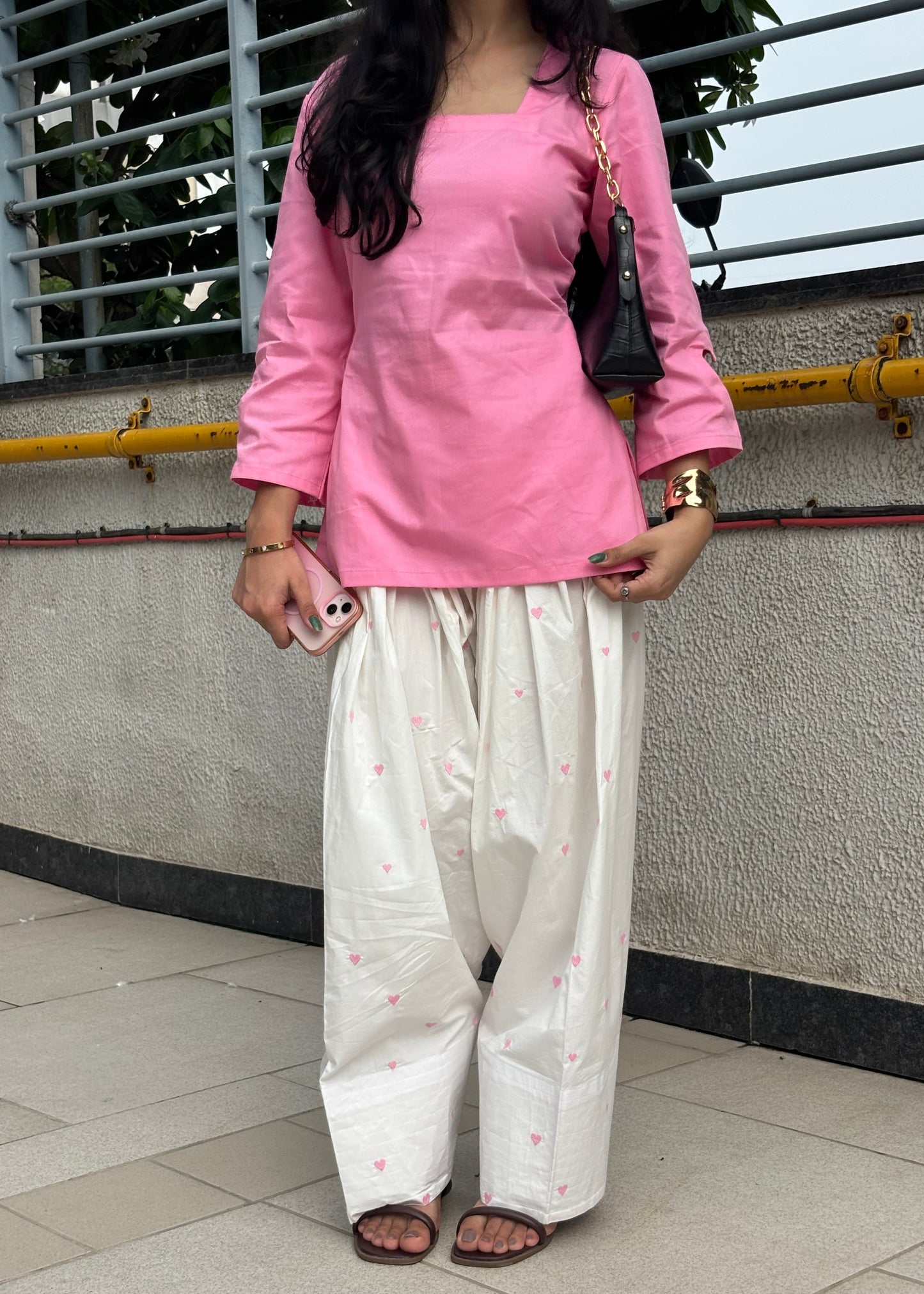 Pink Cotton Kurti & White Heart Embroidered Farshi Salwar Set