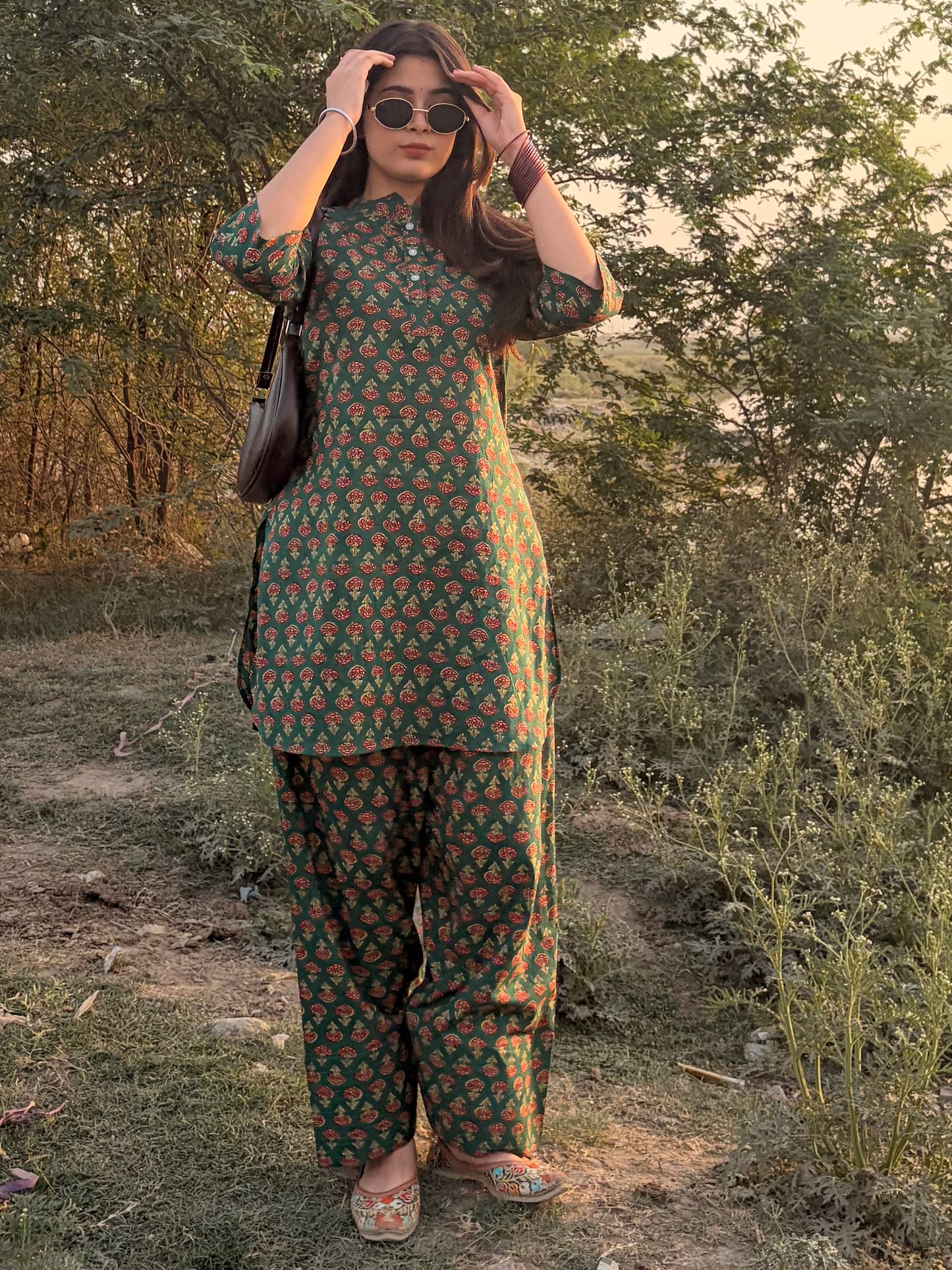 Linevora Green 100% Pure Cotton Printed Short Kurti with Farshi Salwar Set