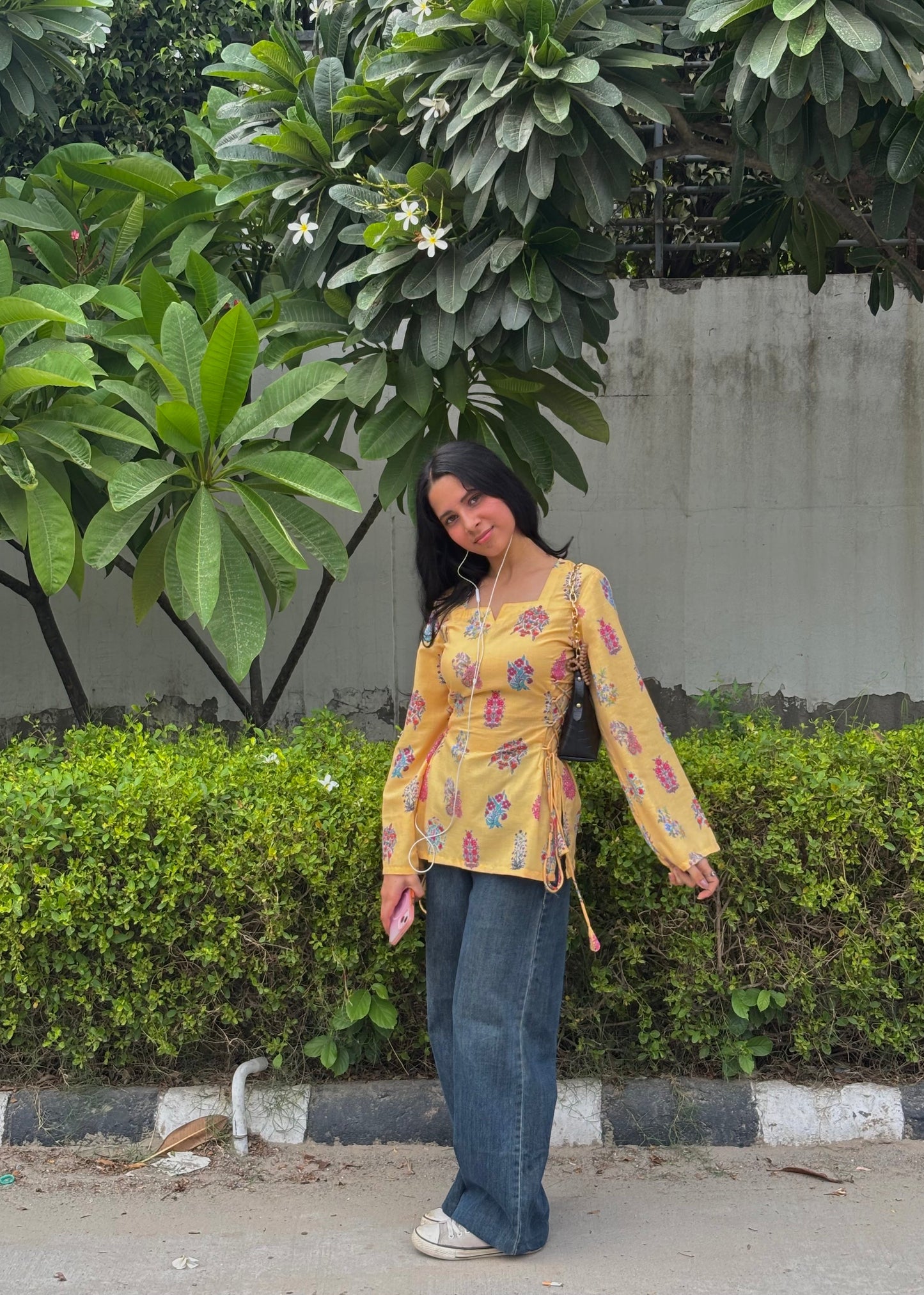 Golden Bloom Mul cotton Printed Side-Corset Short Kurti