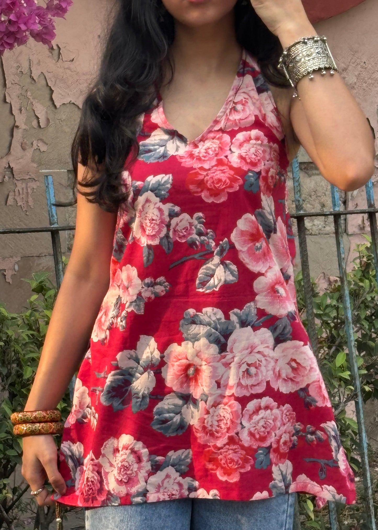 Pure Cotton Floral Halter Neck Short Kurti for Women | Sleeveless Summer Top