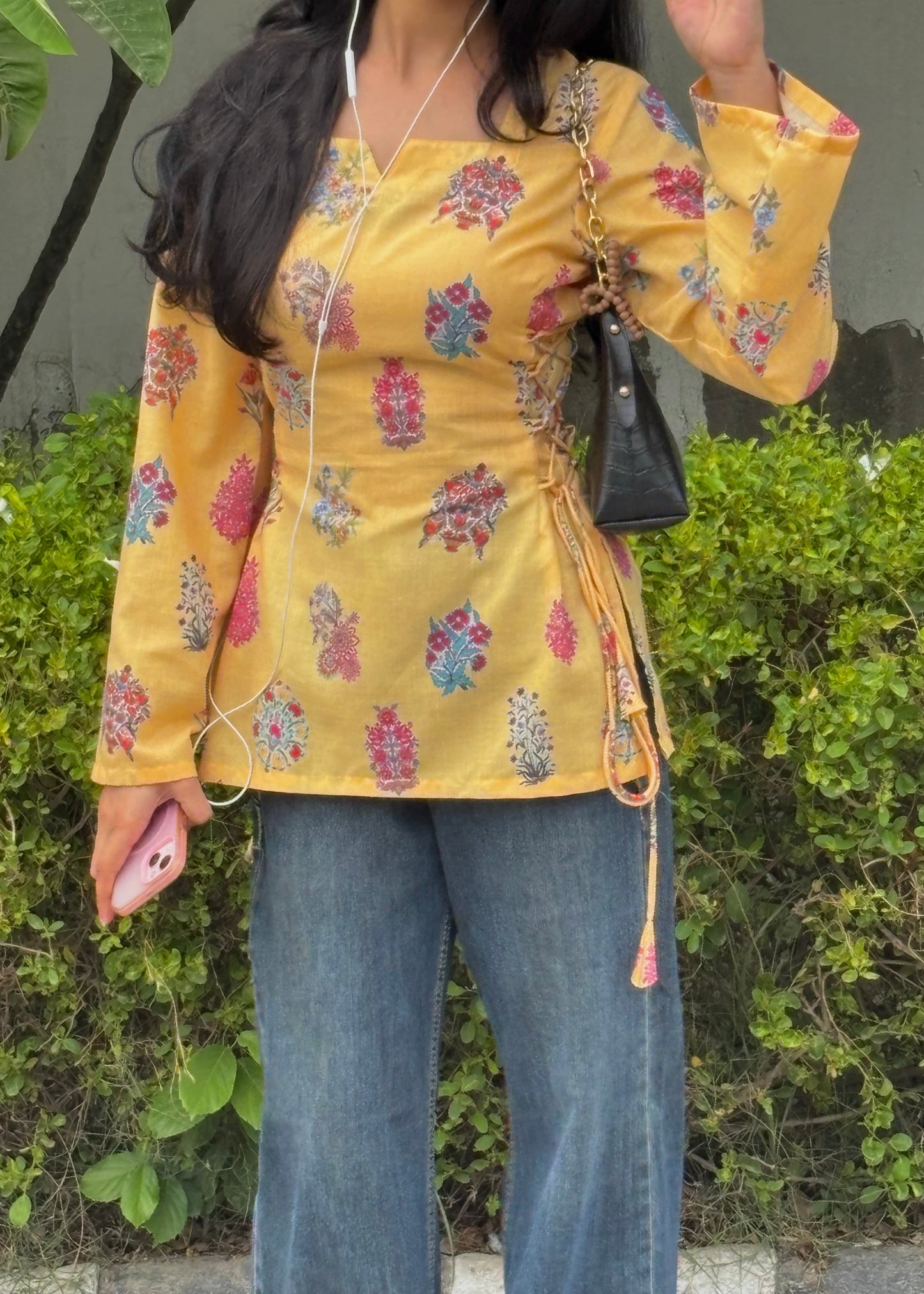 Golden Bloom Mul cotton Printed Side-Corset Short Kurti