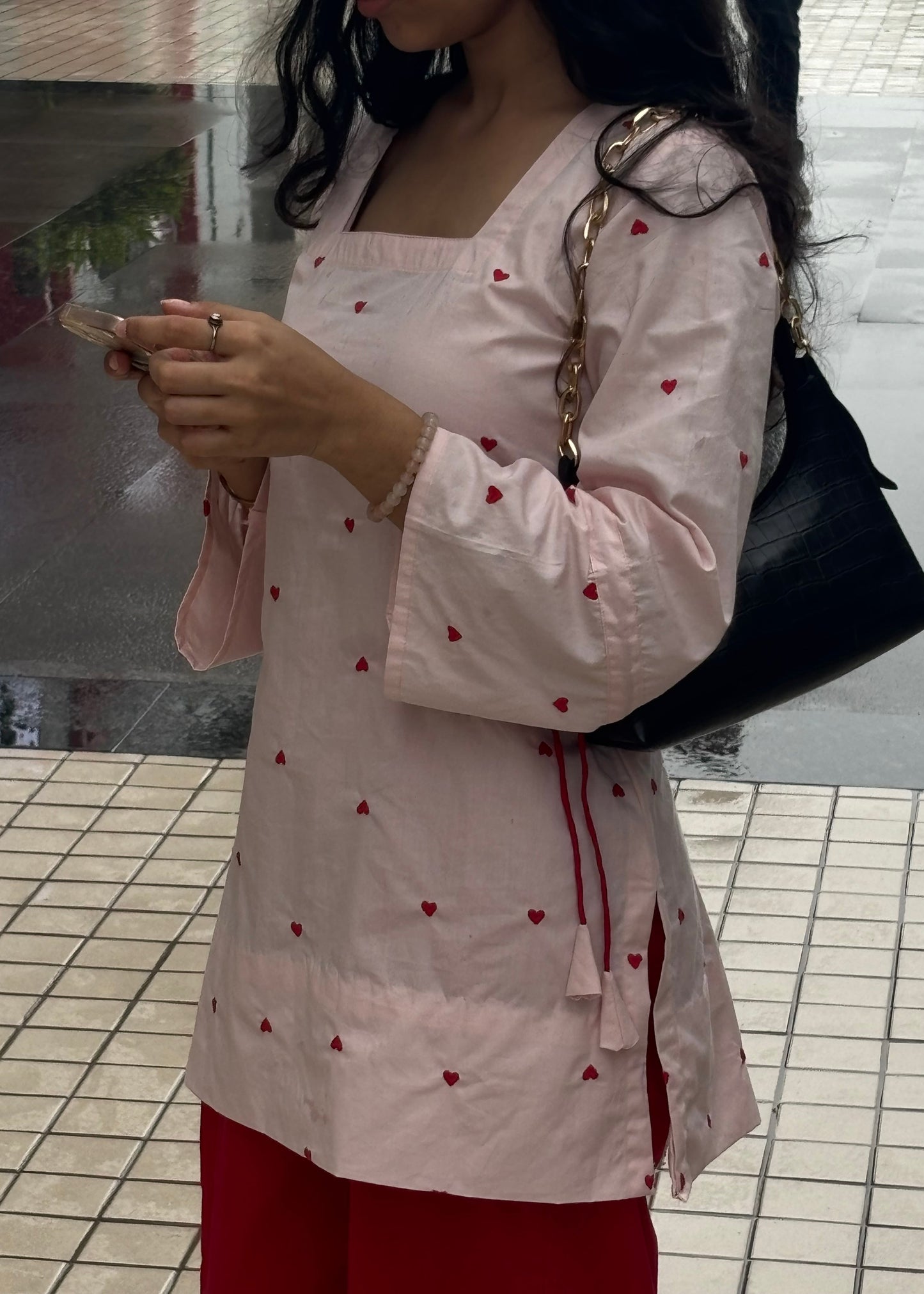 Women's Heart Embroidered Cotton Kurta Set with Pure Cotton Cambric Heart Cutout Plazo – Blush Pink