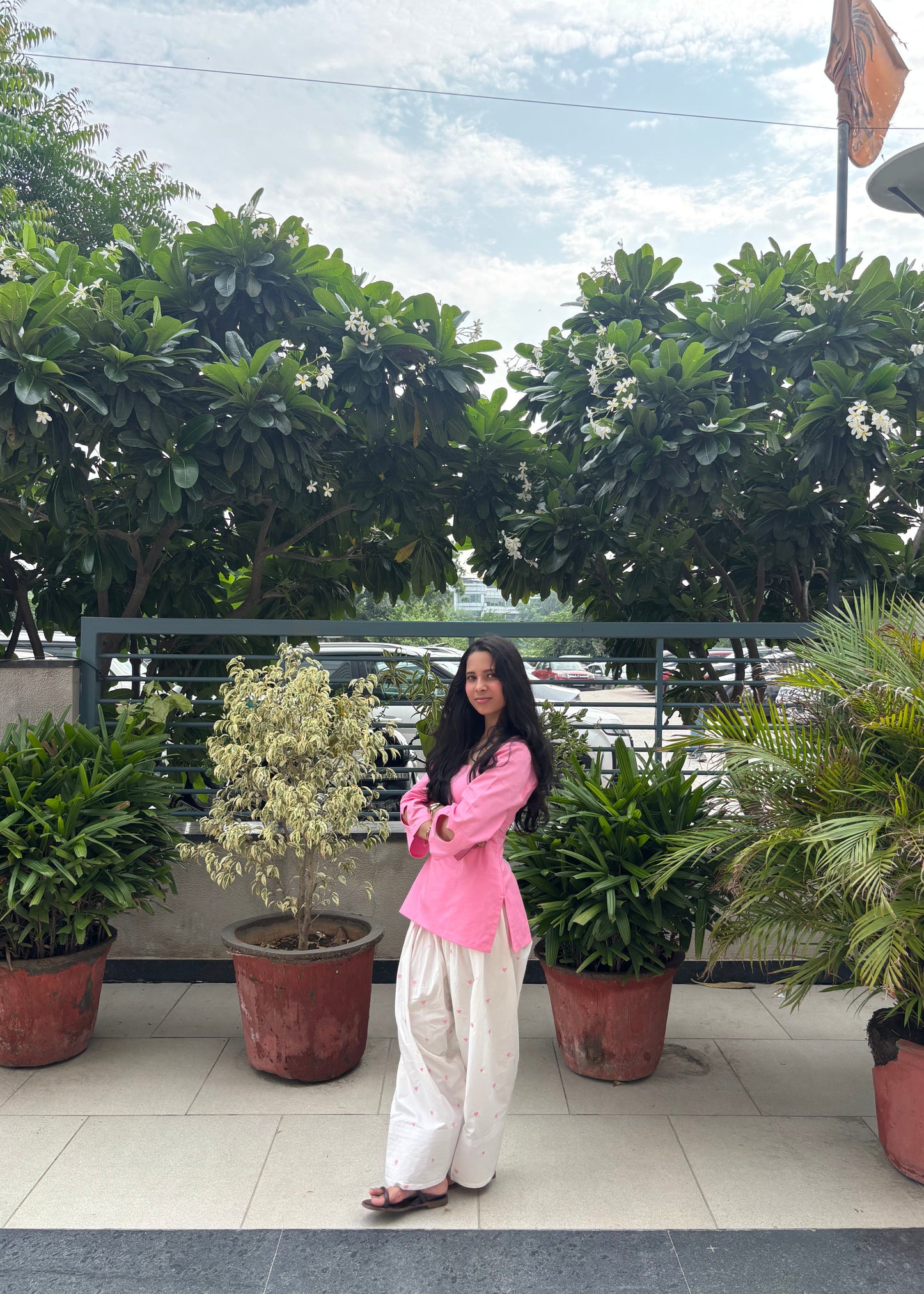 Pink Cotton Kurti & White Heart Embroidered Farshi Salwar Set