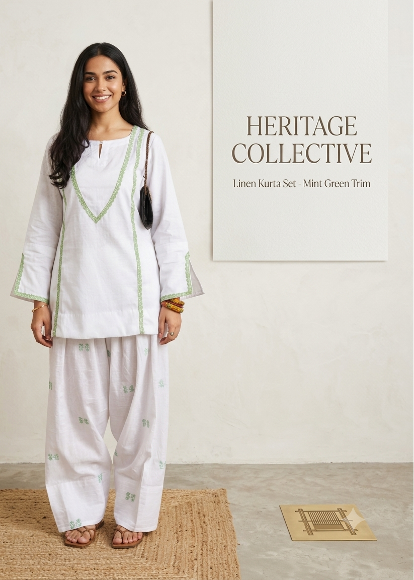 Ivory Bloom Glaze Cotton Kurta Set with Embroidered Mul Cotton Farshi Salwar