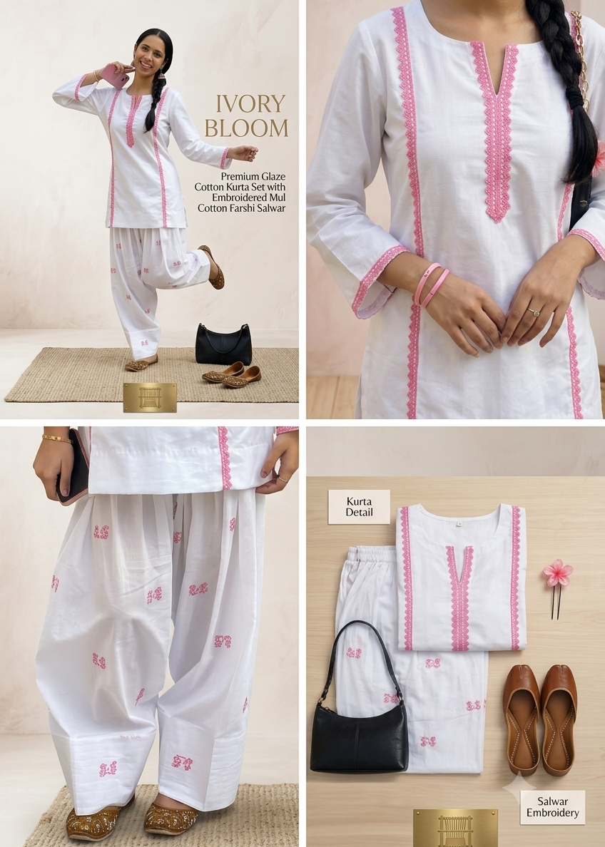 Ivory Bloom Glaze Cotton Kurta Set with Embroidered Mul Cotton Farshi Salwar