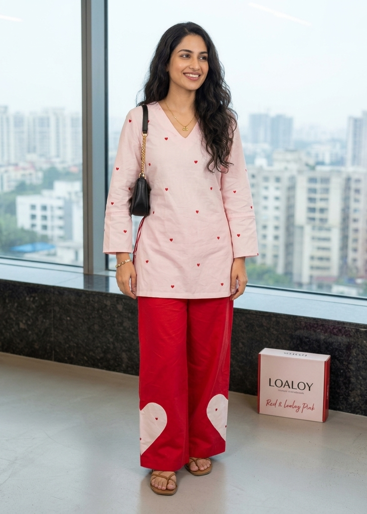 Women's Heart Embroidered Cotton Kurta Set with Pure Cotton Cambric Heart Cutout Plazo – Blush Pink