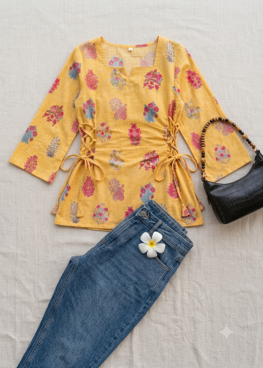 Golden Bloom Mul cotton Printed Side-Corset Short Kurti