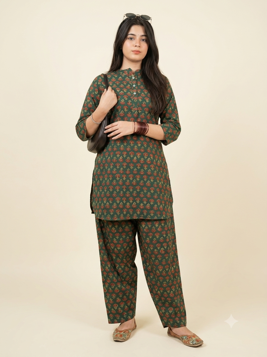 Linevora Green 100% Pure Cotton Printed Short Kurti with Farshi Salwar Set